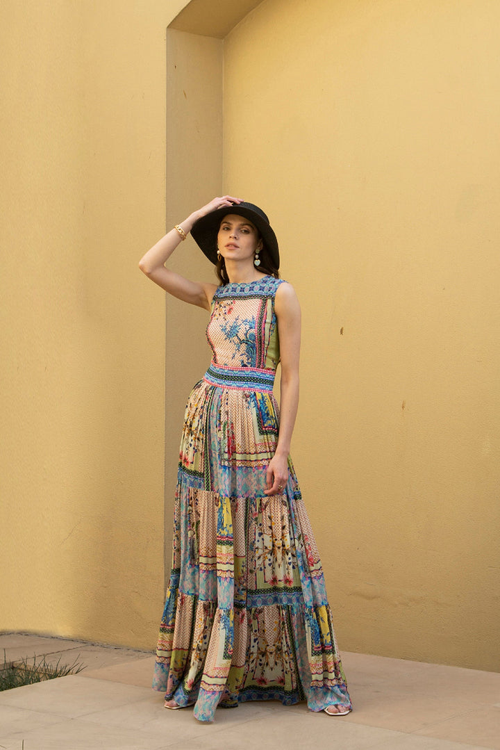 TROPICAL TILES TIERED MAXI DRESS