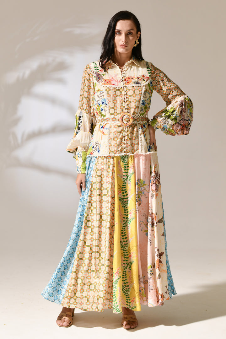 Primrose Lantern-Sleeve Patchwork Dress