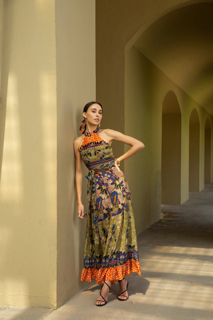 PARADISE FOREST HALTER MAXI DRESS