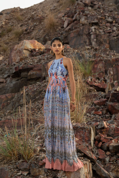 FLORAL FANTASY HALTER MAXI DRESS