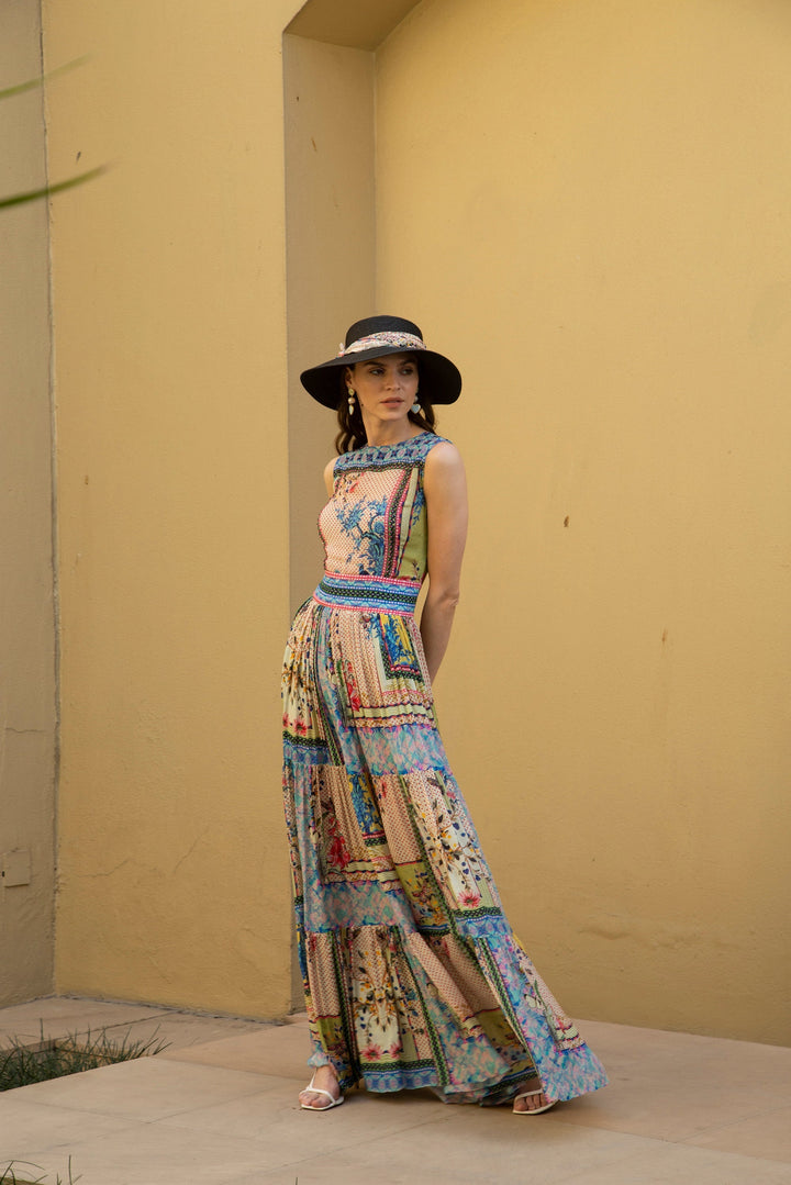 TROPICAL TILES TIERED MAXI DRESS