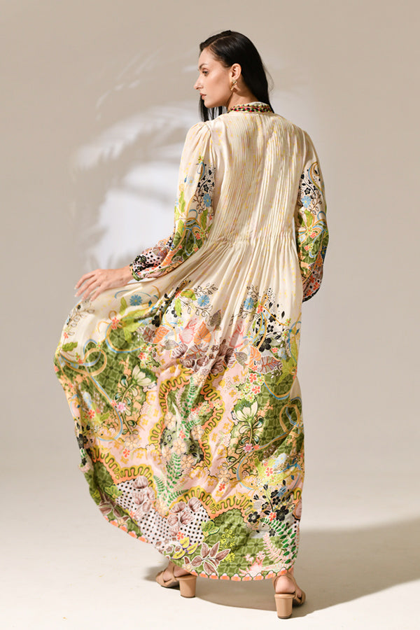 Riviera Bloom Pleated Gown