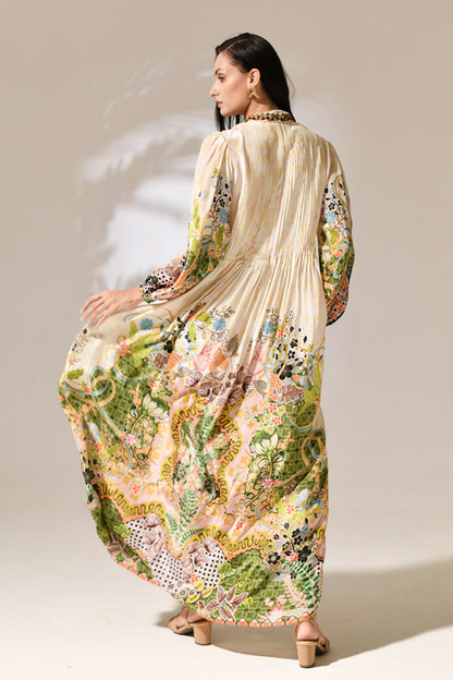 Riviera Bloom Pleated Gown