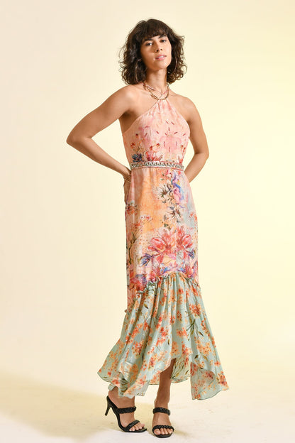 TINTED FLORAL LACE MAXI DRESS