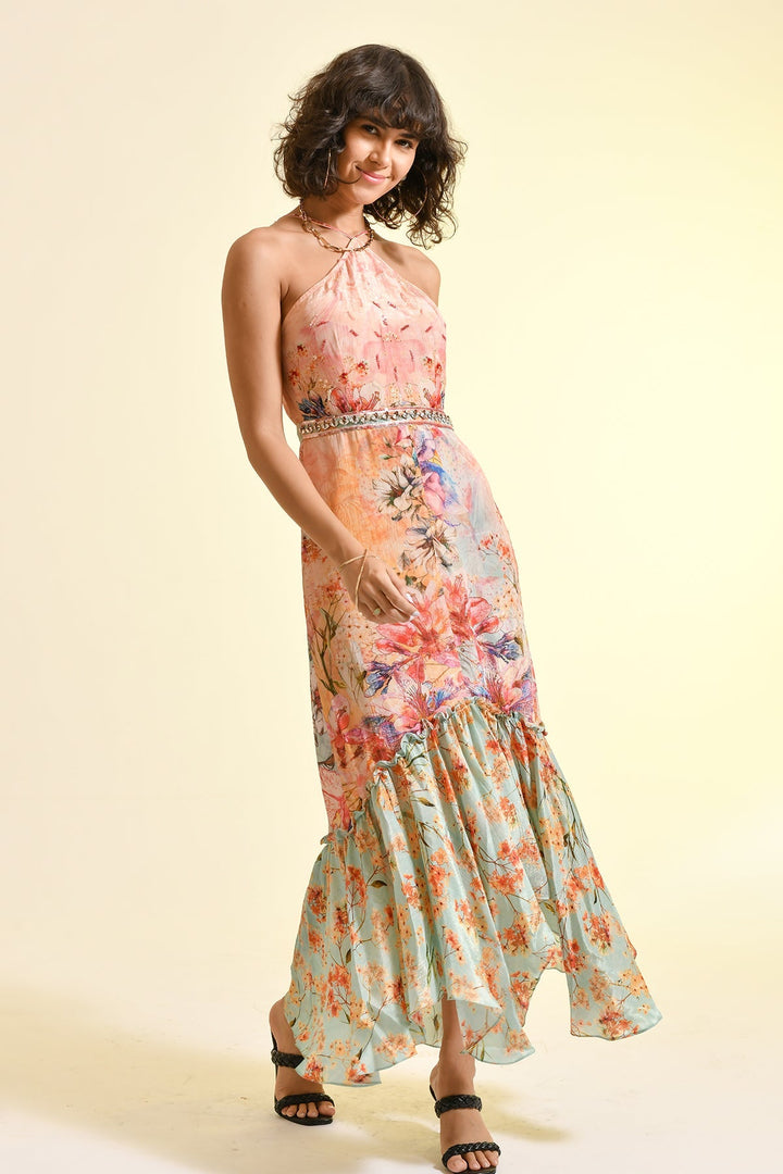 TINTED FLORAL LACE MAXI DRESS