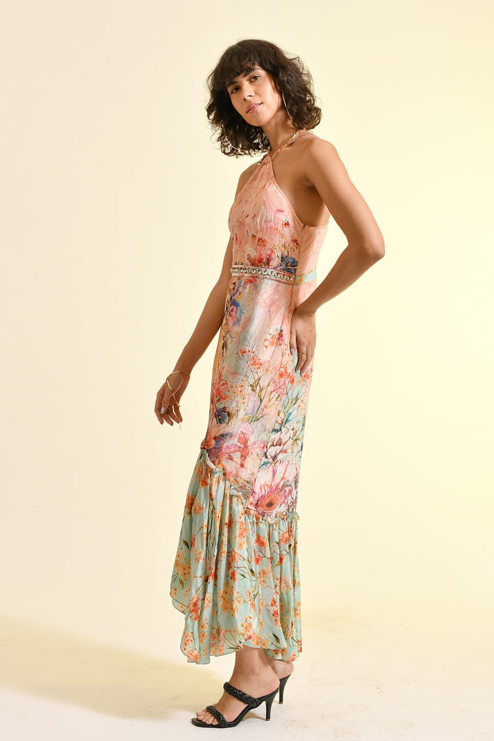 TINTED FLORAL LACE MAXI DRESS