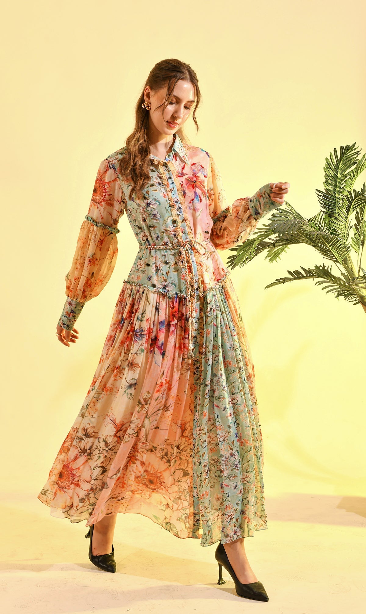 TINTED FLORAL SHIRT DRESS