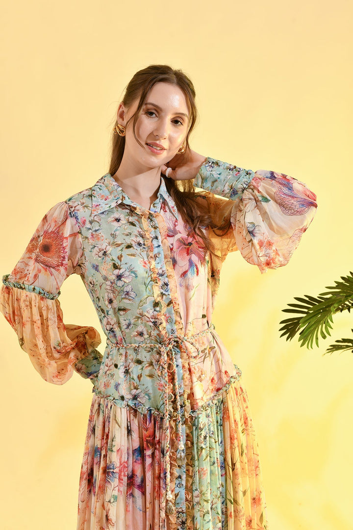 TINTED FLORAL SHIRT DRESS