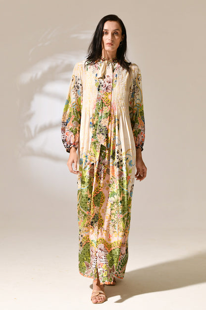 Riviera Bloom Pleated Gown