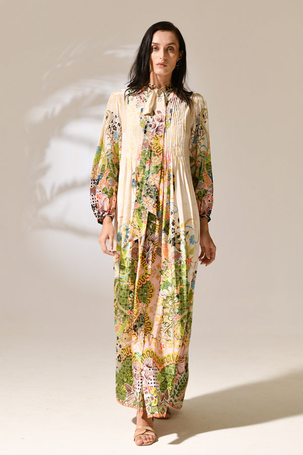 Riviera Bloom Pleated Gown