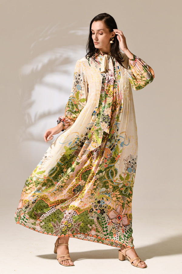 Riviera Bloom Pleated Gown