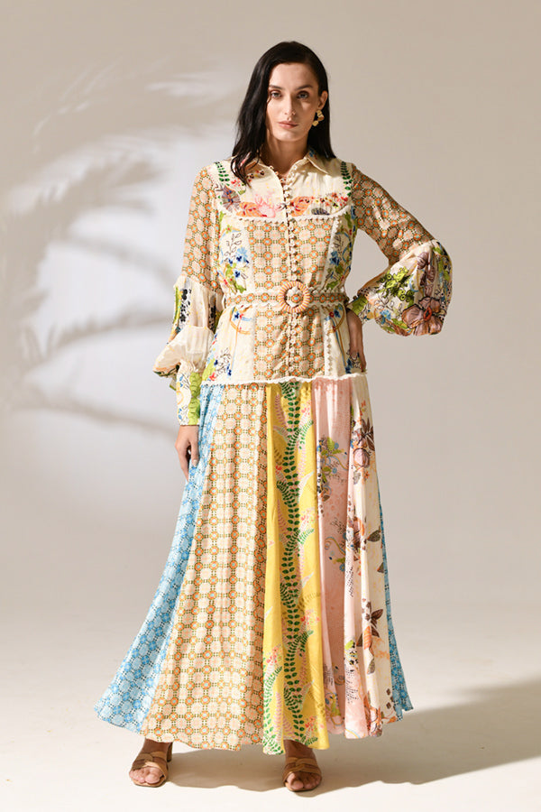 Primrose Lantern-Sleeve Patchwork Dress