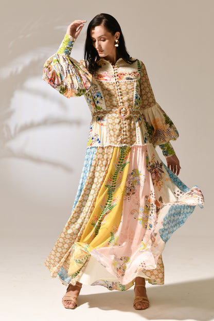 Primrose Lantern-Sleeve Patchwork Dress