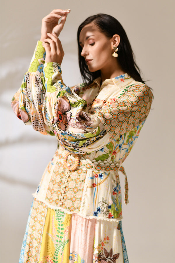 Primrose Lantern-Sleeve Patchwork Dress