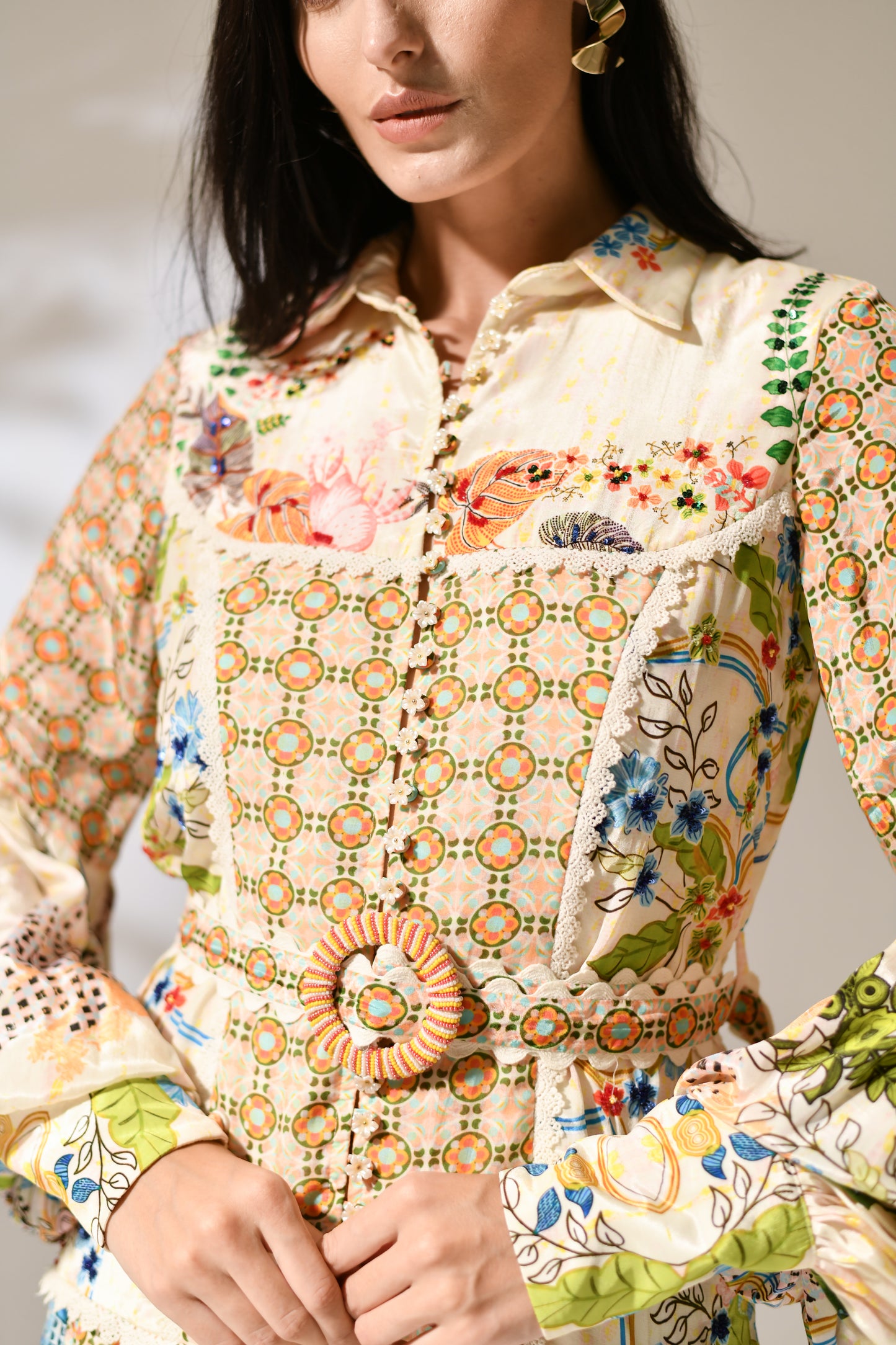 Primrose Lantern-Sleeve Patchwork Dress