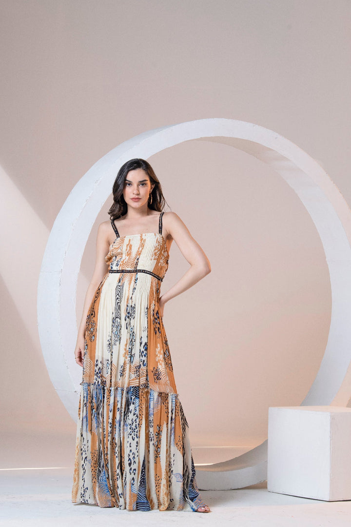 OCHRE PLEATED MAXI DRESS