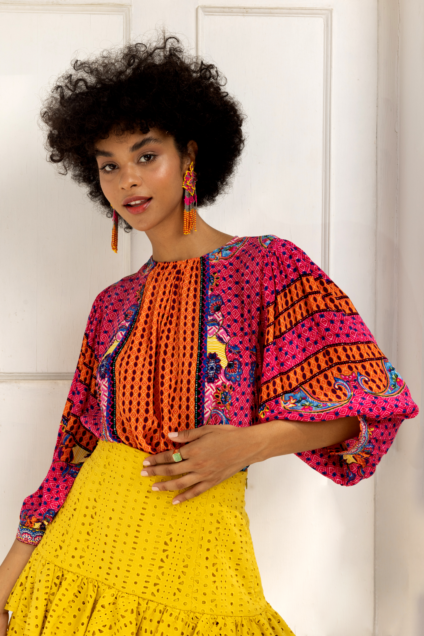 EMILIA BEADED PEASANT TOP ( PINK)